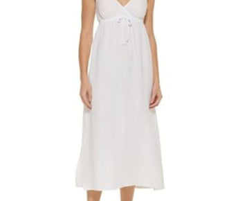 DKNY Women's V Neck Front Tie Maxi Dress Cover Up Swimsuit White Size S