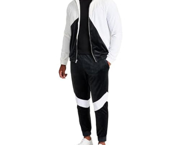 INC Mens Velour Colorblock Track Jacket Black-Ivory Size L