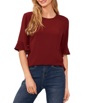 CeCe Women's Ruffled-Cuff 3/4-Sleeve Crew Neck Top Burgundy Red Size XL