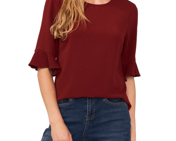 CeCe Women's Ruffled-Cuff 3/4-Sleeve Crew Neck Top Burgundy Red Size XL