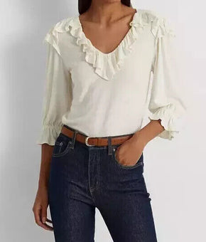 Lauren Ralph Lauren Women Ruffle-Trim Jersey Top Mascarpone Cream Size L $115