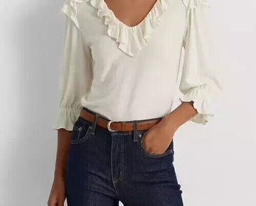 Lauren Ralph Lauren Women Ruffle-Trim Jersey Top Mascarpone Cream Size L $115