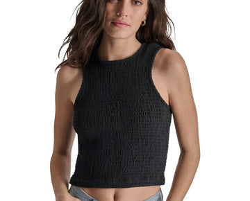 DKNY Jeans Women's Cropped Smocked Cotton Tank Top Black Size M