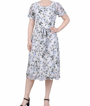NY Collection Women's Petite Ivory Belted Swiss Dot Party Dress Size PM