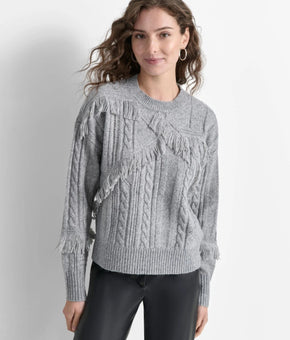 DKNY Women's Fringed Mixed-Stitch Sweater Gray Size L MSRP $109