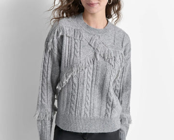 DKNY Women's Fringed Mixed-Stitch Sweater Gray Size L MSRP $109