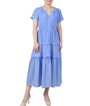 NY Collection Petite Short Sleeve Tiered Midi Dress Blue Size PM MSRP $54