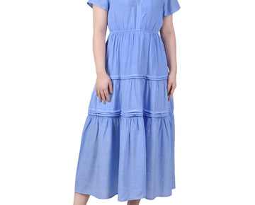 NY Collection Petite Short Sleeve Tiered Midi Dress Blue Size PM MSRP $54