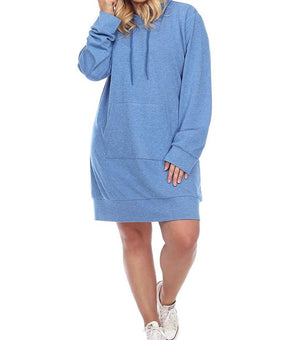 White Mark Plus Size 1X Hooded Pullover Kangaroo Fleeced Sweatshirt Dress Blue