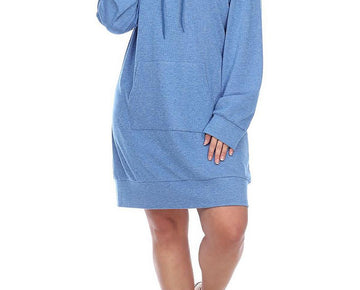 White Mark Plus Size 1X Hooded Pullover Kangaroo Fleeced Sweatshirt Dress Blue