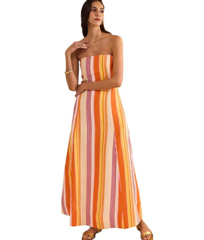 1.STATE Women's Striped Strapless Maxi Dress Oragne linen Blend Size XS $139