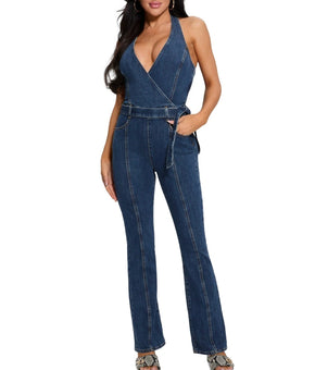 GUESS Women's Claire belted Plunging-Neck Bootcut Jumpsuit Blue Size M X 32 $188