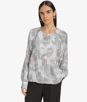 Calvin Klein Women's Printed Pleated Raglan-Sleeve Top Gray Size S MSRP $99
