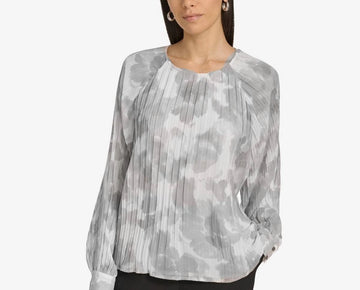 Calvin Klein Women's Printed Pleated Raglan-Sleeve Top Gray Size S MSRP $99
