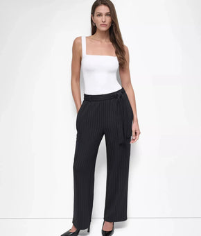 DKNY Women's Pinstripe Tie-Waist Wide-Leg Cargo Pants Black Size L MSRP $99