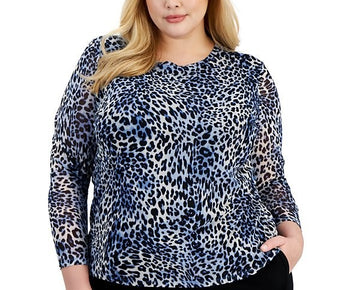 Bar III Plus Size Animal-Print Long-Sleeve Mesh Top Blue Size 2X MSRP $69