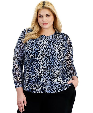 Bar III Plus Size Animal-Print Long-Sleeve Mesh Top Blue Size 2X MSRP $69