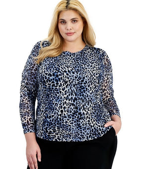Bar III Plus Size Animal-Print Long-Sleeve Mesh Top Blue Size 1X MSRP $69