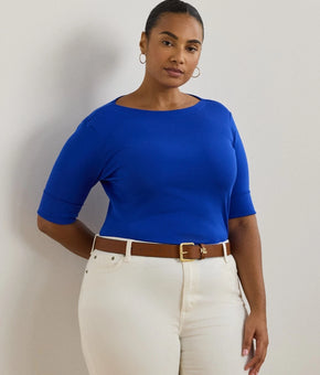 Lauren Ralph Lauren Plus Size 3X Stretch Cotton Boatneck Tee Blue