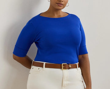 Lauren Ralph Lauren Plus Size 3X Stretch Cotton Boatneck Tee Blue