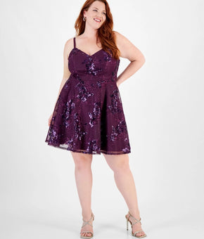 City Studios Trendy Plus Size 16W V-Neck Sequin Fit & Flare Dress Purple $109