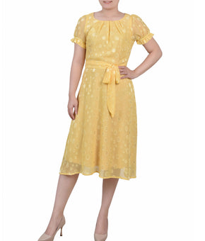NY Collection Petite Short Sleeve Belted Swiss Dot Dress Yellow Circle Size PL