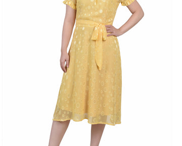 NY Collection Petite Short Sleeve Belted Swiss Dot Dress Yellow Circle Size PL