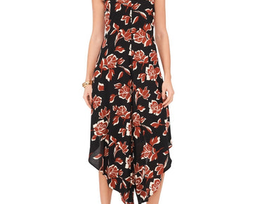 Vince Camuto Women's Floral Tie Shoulder Angled Hem Jumpsuit Black Brown Size L