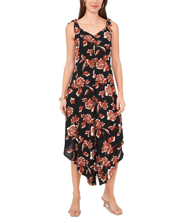 Vince Camuto Women's Floral Tie Shoulder Angled Hem Jumpsuit Black Brown Size L