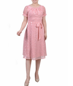 NY Collection Petite Short Sleeve Belted Swiss Dot Dress Pink Size PXL