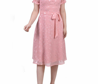 NY Collection Petite Short Sleeve Belted Swiss Dot Dress Pink Size PXL