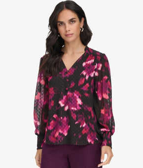 Calvin Klein Women Printed V-Neck Long-Sleeve Blouse Black Pink Size XL MSRP $79