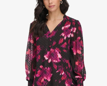 Calvin Klein Women s Printed V-Neck Long-Sleeve Blouse Black Size XL MSRP $89