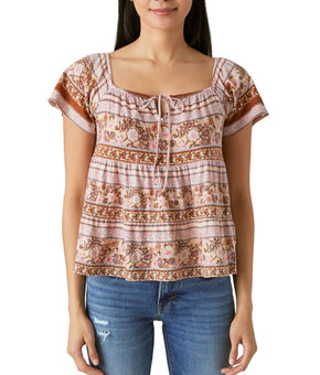 Lucky Brand Women's Tie-Neck Tiered Swing Top Brown Size XL MSRP $60
