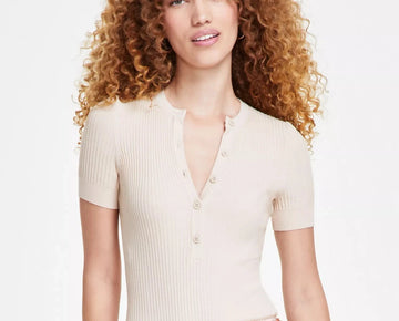 GUESS Women's Anders Ribbed Henley-Neck Bodysuit Beige Size S MSRP $79