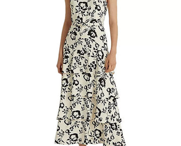 Lauren Ralph Lauren Floral Belted Crepe Dress Cream Black Size 14 MSRP $245