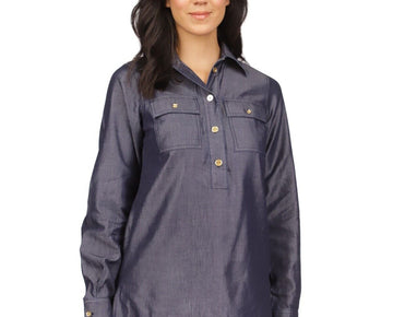 Michael Kors Women Quarter Button Long-Sleeve Tunic Top Indigo Blue Size M $110