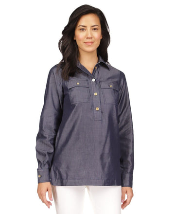 Michael Kors Women Quarter Button Long-Sleeve Tunic Top Indigo Blue Size S $110