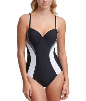 DKNY BLACK Colorblocked Tummy-Control Underwire One-Piece Swimsuit, US Size 4