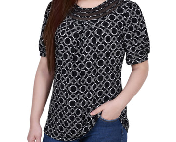 NY Collection Petite Short Puff Sleeve Mesh Inset Top Black White Link Size PM