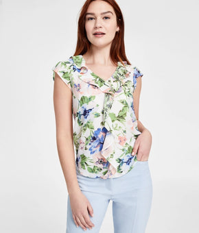 Tahari ASL Women's Ruffled-Front Floral V-Neck Top White Size M MSRP $69