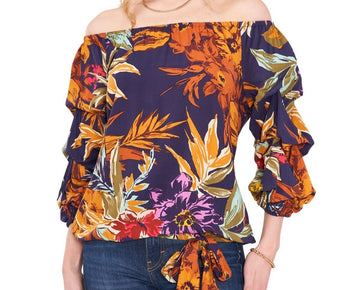 Vince Camuto Off-The-Shoulder Bubble-Sleeve Challis Blouse Orange Size XXS $69