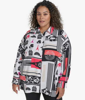 KARL LAGERFELD Paris Plus Size 3X Printed Collared Button Shirt White MSRP $99
