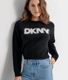 DKNY Jeans Women's Tinsel Logo Boucle Sweater Black Size XL MSRP $69