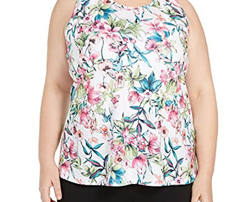 Ideology Women's Plus Size Floral-Print Split-Back Top Island Palm-Bright White 3X