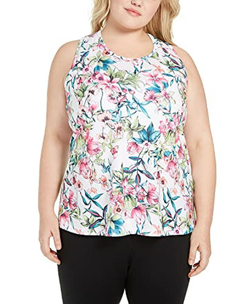 Ideology Women's Plus Size Floral-Print Split-Back Top Island Palm-Bright White 3X