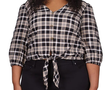 Michael Kors Women's Flannel Tie Front Top Black Plus Size 2X MSRP $98