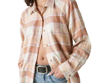 Lucky Brand Womens Cotton Oversized Distressed Plaid Shirt Brown Size S MSRP $90