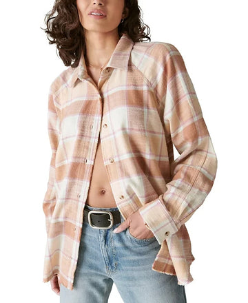 Lucky Brand Womens Cotton Oversized Distressed Plaid Shirt Brown Size S MSRP $90