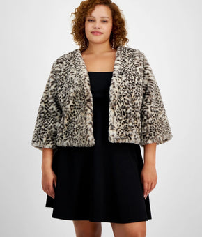 BCX Trendy Plus Size 3X Animal Print Open-Front Faux Fur Shrug Beige Black